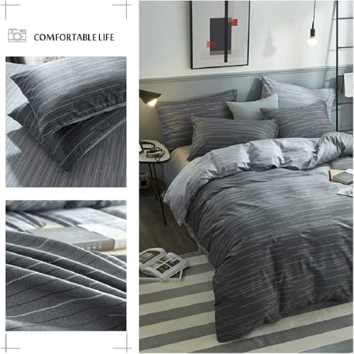 Image of Striped Comforter Set Full Size Retro Grey Stripes Pattern Printed Bedding Comforter with 2 Pillowcases Soft Breathable Fluffy Bed Comforter Geometric 3 Pieces Striped Bedding Set for All Seasons