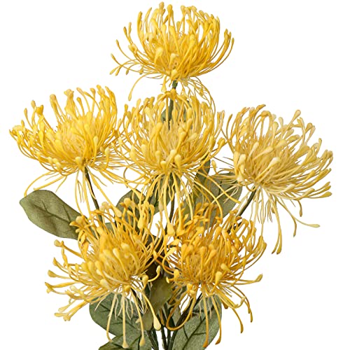 Oairse 4'' Large Artificial Chrysanthemum Flower 6 Flower Head with 84cm Long Stem Yellow Fake Flowers Faux Spider Mums Flowers for Autumn Decor Wedding Flora Arrangement Bridal Bouquet