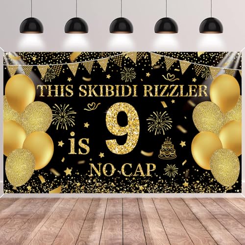 Image of Black Gold This Skibidi Rizzler is 9 No Cap Happy Birthday Backdrop Banner Photography Background Decorations for Boys Girls 9th Year Bday Party Accessories Supplies 72.8 * 43.3in