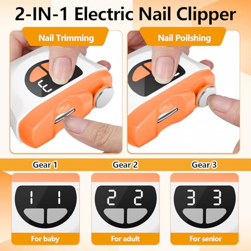 Cortauñas Eléctrico, 2026 Nuevo 3 en 1 Cortaúñas Automático y Pulidor, 3 velocidades Cortauñas Eléctrica Ajustable Automático con Luz LED y Recargable por USB, para bebés, adultos y ancianos -Naranja - imagen 4