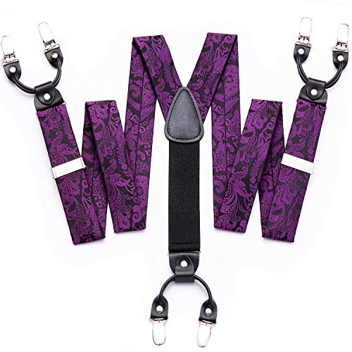 Image of Barry.Wang Men Suspender Set with Necktie Elastic Y Type Heavy Duty 6 Clips Braces Tie Handkerchief Cufflink Pin 6PCS