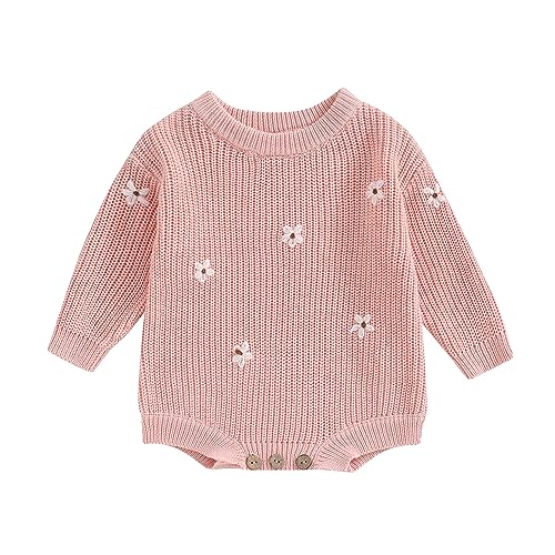 Douhoow Baby Sweater Romper Knit Baby Sweater Infant Girl Boy Sweatshirt Romper Fall Winter Outfits (Pink-1, 6-9 Months)