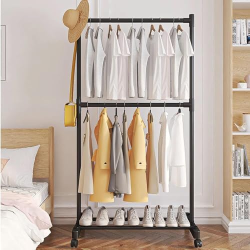 Image of Heavy Duty Metal Garment Rack with Wheels | Portable Clothes Hanging Stand | Rolling Clothing Rack for Bedroom, Laundry & Retail Store | Space Saving Cloth Stand (Black 1)