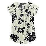 TASAMO Women's Printed Flouncing Flared Short Sleeve Blouse Top Shirts Floral (Small,Black Flower- White)