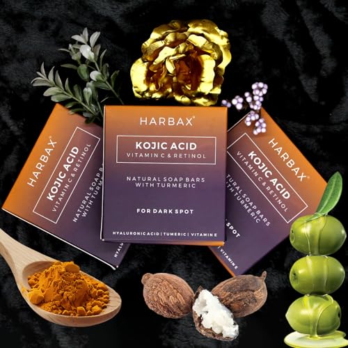Image of Kojic Acid Soap (Pack of 3 (100 Grm)) for Hyperpigmentation - with Glutathione, Collagen & Vitamin C - Natural Soap Bars with Turmeric - Original Japanese Complex for Dark Spot Correction