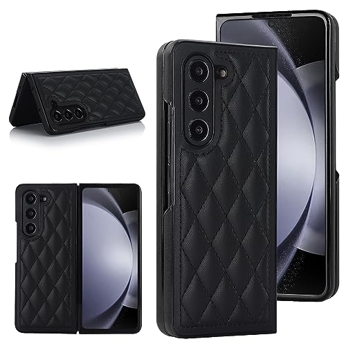 Konstreet Funda para Samsung Galaxy Z Fold 5 de piel suave de grano de diamante y carcasa rígida de policarbonato plegable, anticaídas, duradera, atmósfera simple, delgada y elegante, color negro