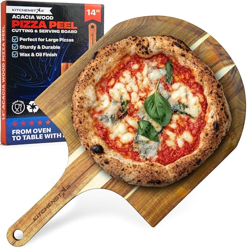 Image of KitchenStar 14-Inch Acacia Wood Pizza Peel - Large Wooden Cutting & Serving Board with Handle - Natural Oil Finish - Ideal Pizza Oven Accessory for Easy Sliding & Prep