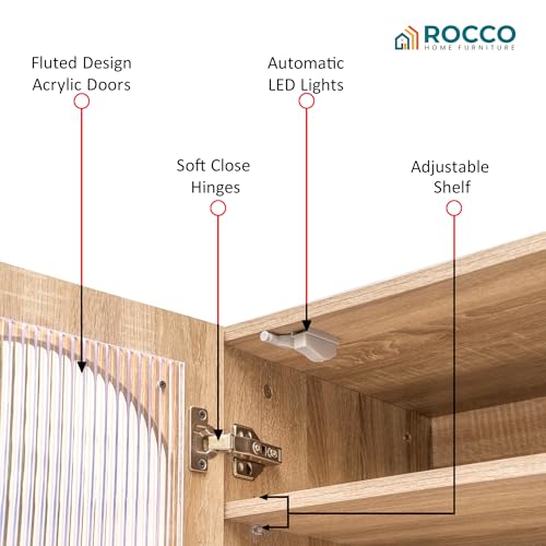 Image of Rocco Stellar Bookshelf with Upper Shelf, Auto LED Lights & Acrylic Doors | Engineered Wood Bookcase | Adjustable Shelves, Scratch-Resistant | Living Room, Library & Office (Oak, Medium Size)