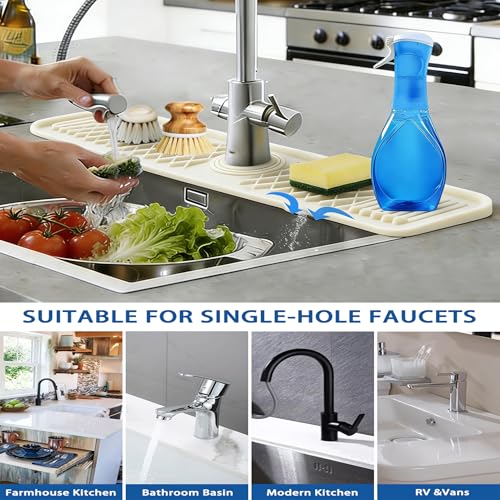 Image of EBIGIC 24 Inch Silicone Faucet Mat for Kitchen Sink, 7 Slope Fast Self-Draining Sink Splash Guard, Kitchen Sink Water Catcher Organizer, Kitchen Sink Accessories (off-white, 24''x5.6'')