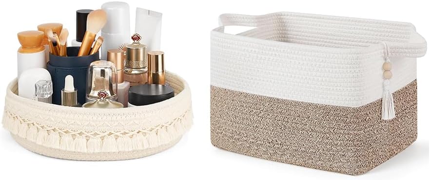 Mkono Macrame Makeup Brush Holder and Cube Cotton Rope Basket, Boho Decor Box Organizer for Bedroom, Living Room, Set of 2