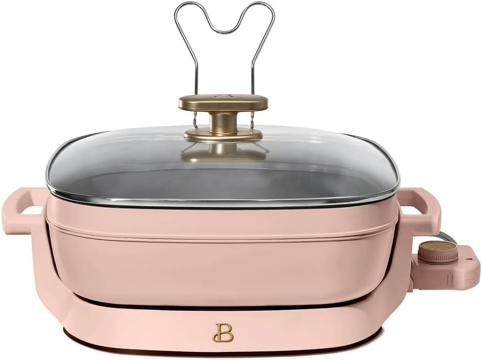 Beautiful 5-in-1 Electric Skillet, Expandable to 7 Qt, Glass Lid, Pink Champagne