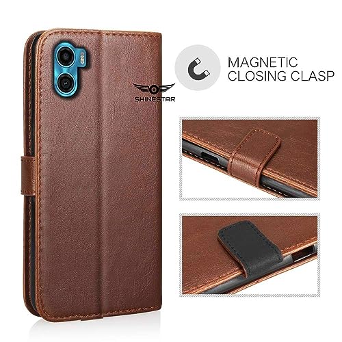 Image of SHINESTAR Motorola Moto E32 Flip Back Cover | PU Leather Flip Cover Wallet Case with TPU Silicone Case Back Cover for Motorola E32 - Classic Brown