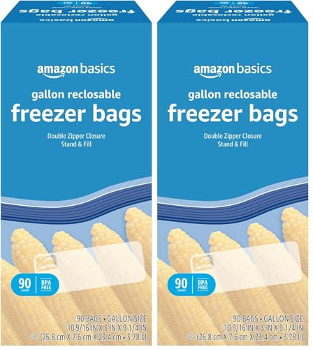 Image of Amazon Basics Freezer Gallon Bags | Stand & Fill Base | 90 Count | Pack of 2