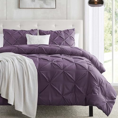 Image of Nestl Purple Duvet Cover Full Size - Soft Double Brushed Duvet Set with Button Closure & Corner Ties, 3 Piece Luxurious Pinch Pleated Duvet Cover Set 80x90 Inches with 2 Pillow Shams