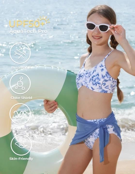 GRACE KARIN Girls Swimsuit Bikini Bathing Suit for Teens Ruched Tankini Beach Hawaii Swimwear with Cover Up Skirt 8-16Y - Image 4