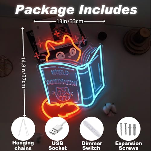 Image of Books and Cat Neon Sign, Fox Reading Sign 3D Carving Led Light, Funny Cat Read Book Decoration, Library Wall Art, Book Store Decor, Gift For Kid, 14.6 inchx13 inch