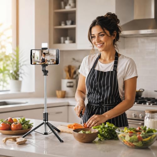 Image of Gismo LED Selfie Stick with Bluetooth Remote, Extendable Phone Holder, 360 Rotating Mount, Foldable Vlogging Accessory for iPhone & Android, Travel, Reels, Live Streaming, Photography- Black