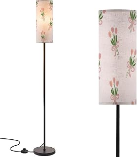 Modern Standing Lamps Seamless tulips bows Cute spring print bouquets Feminine for websites Floor Lamp Metal Pole Lamp with Linen Lampshade for Bedroom Living Room Office Nursery Reading Foot Switch