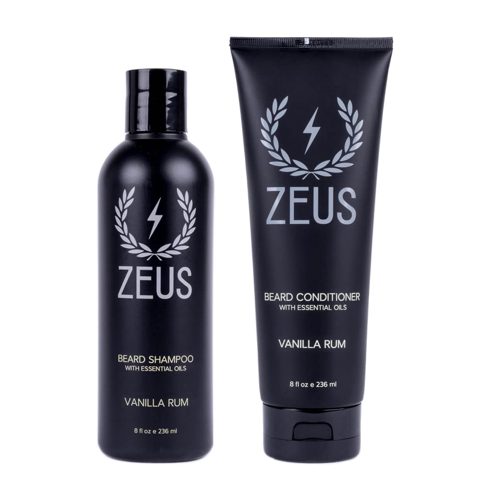 ZEUS Beard Wash Set for Men, Shampoo & Conditioner Duo with Green Tea & Essential Oils, Hydrates, Softens & Strengthens Beard Hair (Made in USA) Vanilla Rum