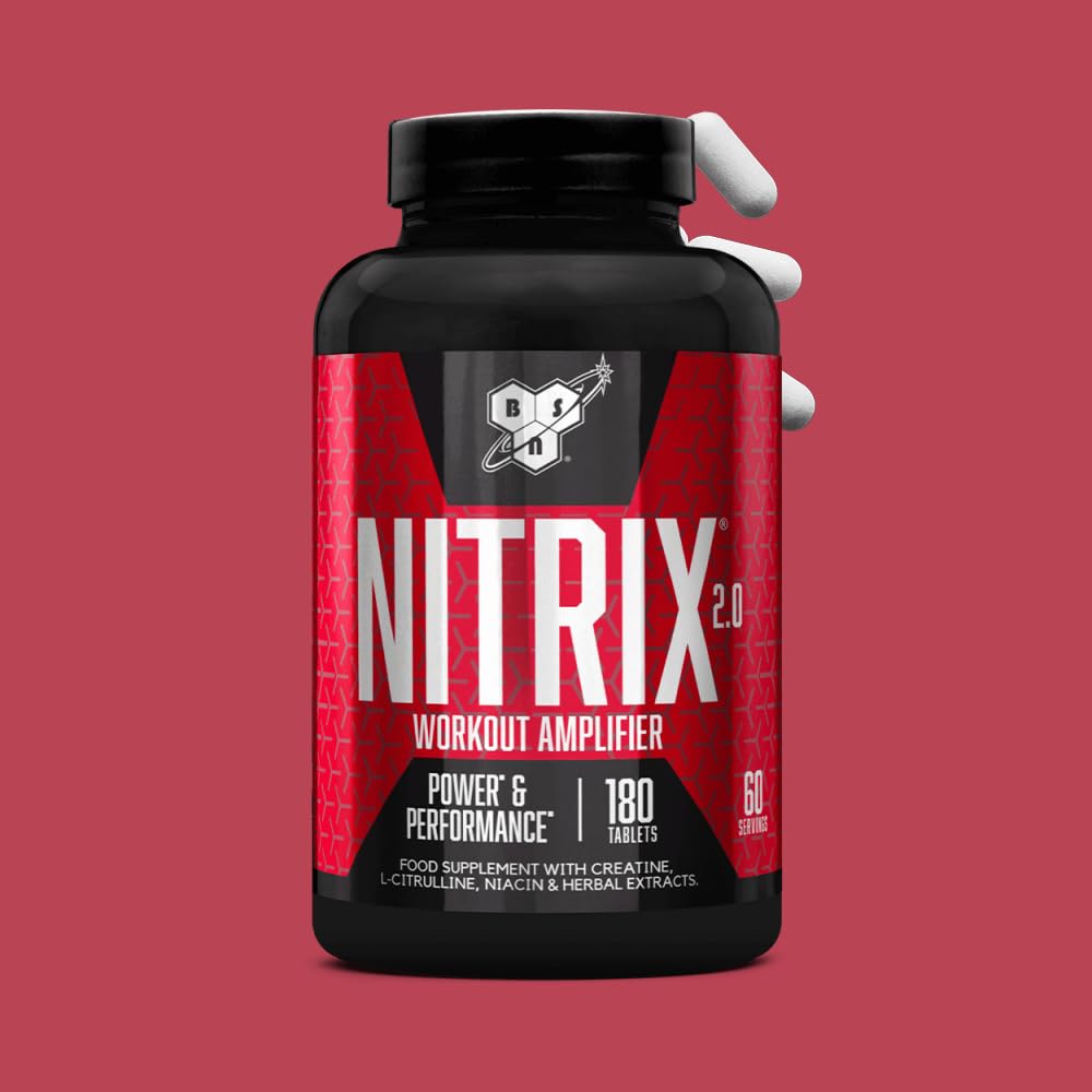 BSN Nitrix 2.0 Complément alimentaire, oxyde nitrique avec acide aminé L-Citrulline, niacine, poivre noir et extraits de plantes, nutrition sportive, non aromatisé, 180 gélules, 60 Portions