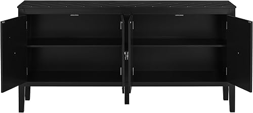 Miniatura 4 de Armario de almacenamiento atemporal de 4 puertas de 63 pulgadas con patrones de líneas geométricas y asas de metal vintage, aparador de buffet con