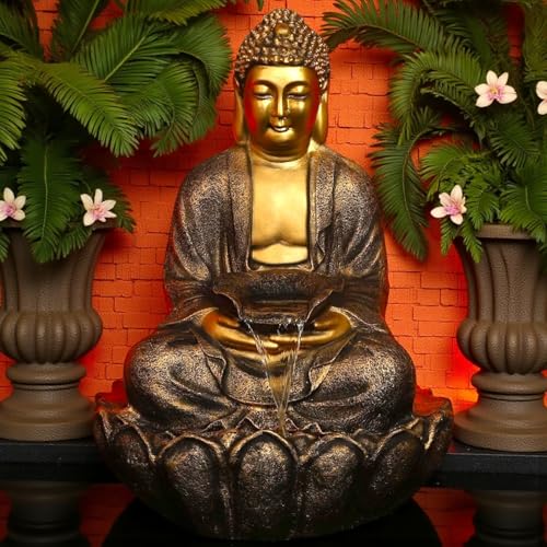 Image of 3 Feet Kamal Buddha Water Fountain for Home & Garden|Fiber Buddha Fountain with LED Light|Indoor Outdoor Fountain for Vastu & Positivity (Golden, 3 Feet Kamal Buddha Fountain)