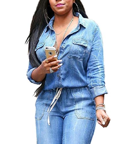 Doufine Macacão jeans feminino de manga longa, justo, gola V, Jeans azul, M