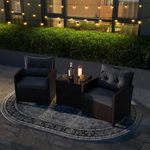 Image of Tangkula 3 Pieces Patio Furniture Set, PE Rattan Wicker 3 Pcs Outdoor Sofa Set w /Washable Cushion and Tempered Glass Tabletop, Conversation Furniture for Garden Poolside Balcony (Grey)