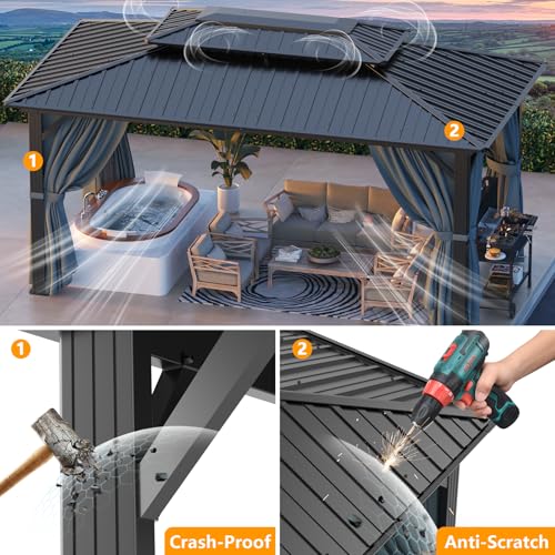 Image of HOTEEL 10x15 Hardtop Gazebo with Flame-Retardant Curtain & Netting, Hot Tub Gazebo with Galvanized Steel Double Roof, Heavy Duty Permanent Pavilion Outdoor for Patio, Frame Thickened (Upgraded 3.0)