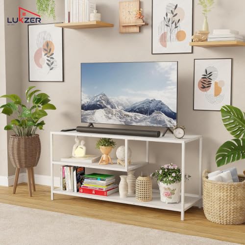 Image of Lukzer Metal & Engineered Wood TV Unit Stand Ideal for TVs Up to 43 Inch | MTU-001 /White & White | Open Shelves for WiFi Router, Set-Top Box, Speakers & Decor | Living Room Storage Rack Organizer