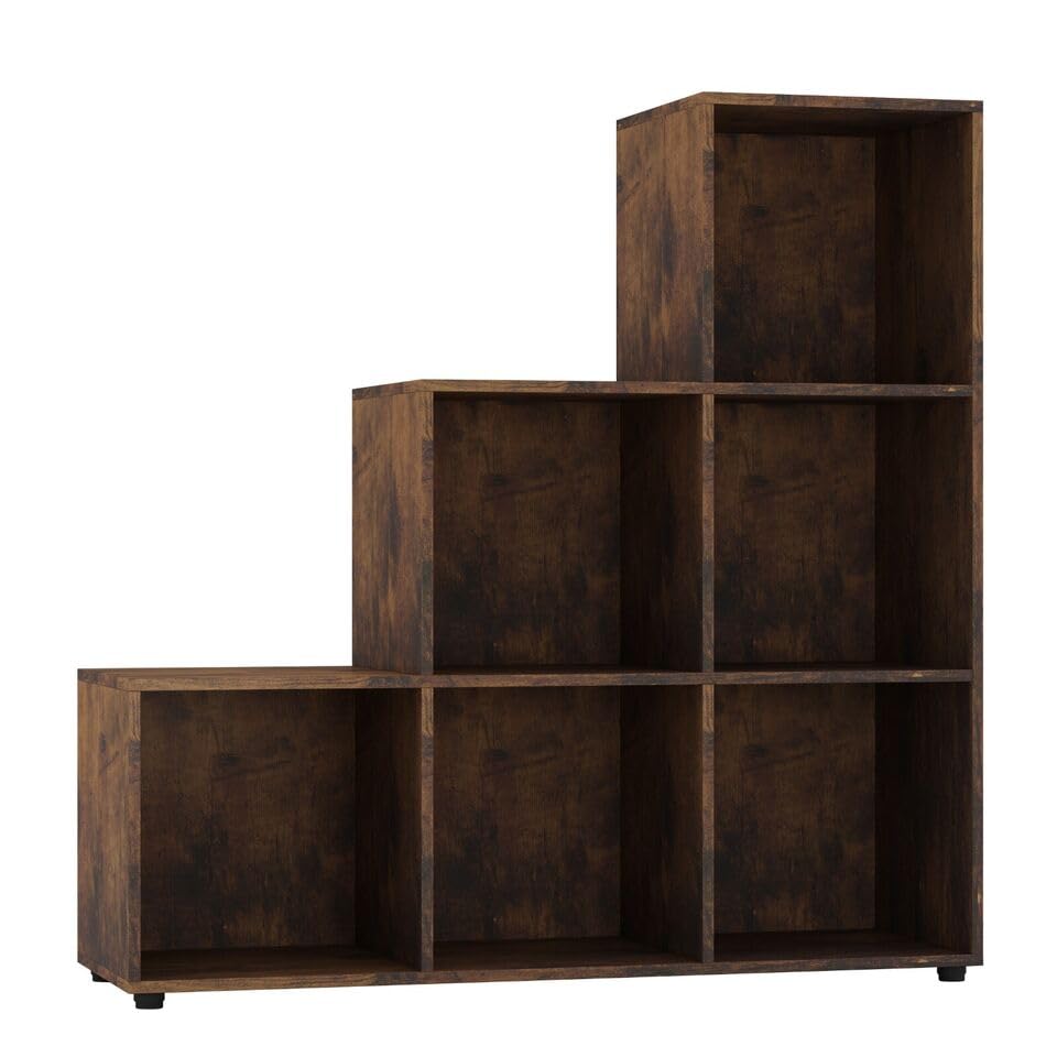 URBNLIVING 6 Cube Step Storage Bookcase Unit Rustic Brown Bookshelf Cubes Multi Use DIY Shelves for Books Boxes Clothes Crochet Yarn Toys Shelf Home Office Organiser Display Box NEW