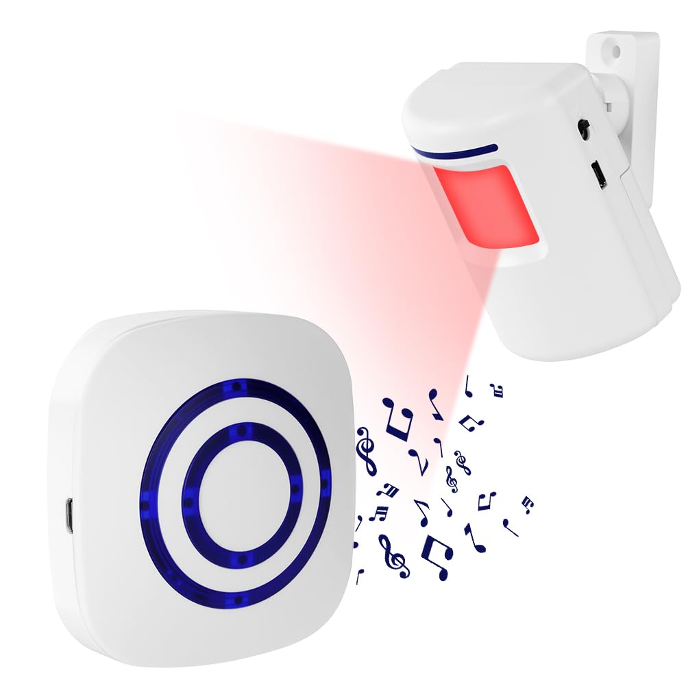 AXFEE Detector de Movimiento Interior, con 1 Receptor electrónico y 1 Detector de Sensor de Movimiento PIR 4 Niveles de Volumen, con 38 melodías Alarma de Seguridad, para caravanas, Casas, garajes