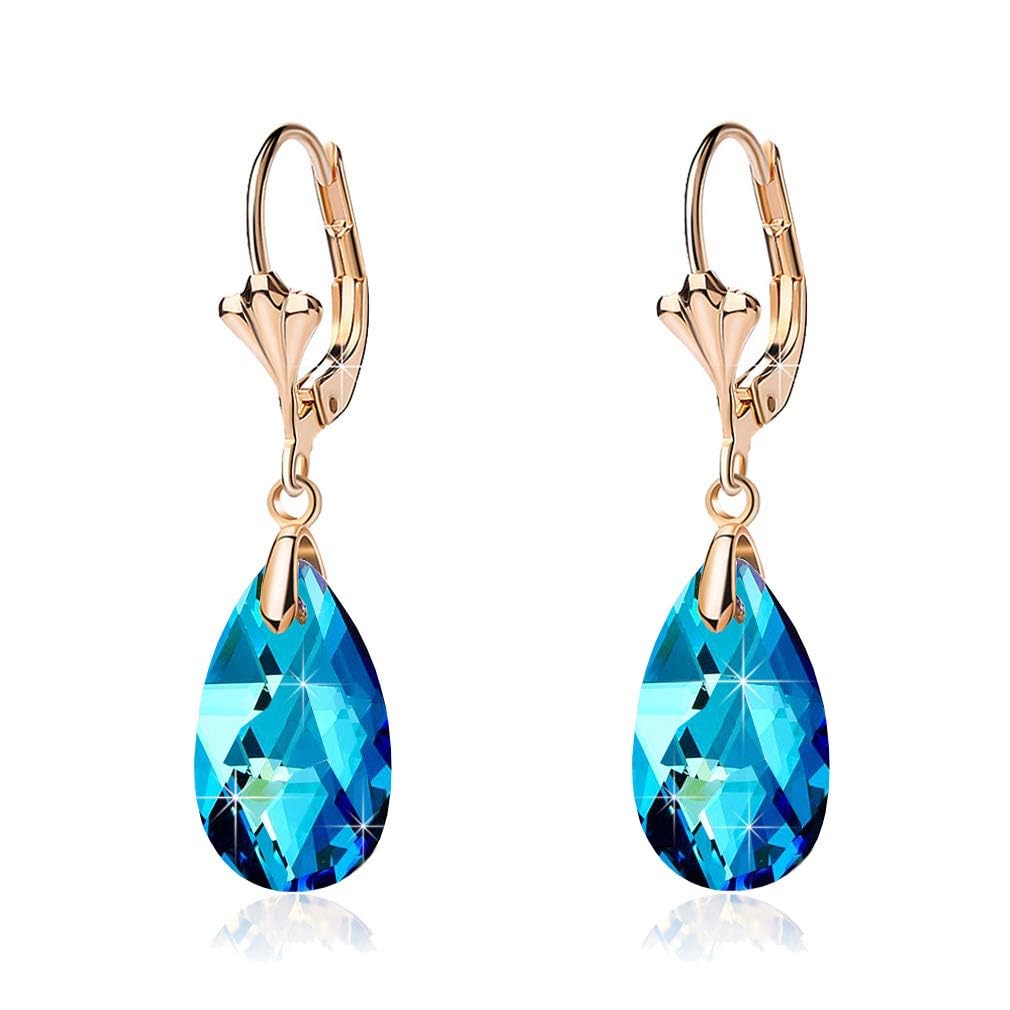 Austrian Crystal Teardrop Leverback Dangle Earrings for Women Fashion 14K Gold Plated Hypoallergenic Jewelry
