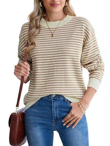 Image of Famulily Womens Striped Color Block Hollow Out Knitted Sweater Long Sleeve Crew Neck Pullover Tops