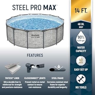 Bestway Steel Pro MAX 14' x 48" Above Ground Pool, Round Metal Frame Outdoor Swimming Pool Set with Filter Pump, Ladder, and Cover, Gray Stone Print