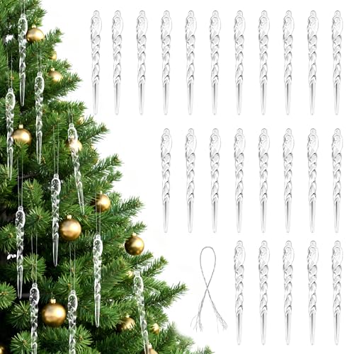Acrílico Decoración Navideña, 24 Piezas Colgantes de Acrílico Carámbanos, Adornos Arbol de Navidad Blanco Transparente para Fiesta, Bricolaje,Boda, Invierno, Ventana