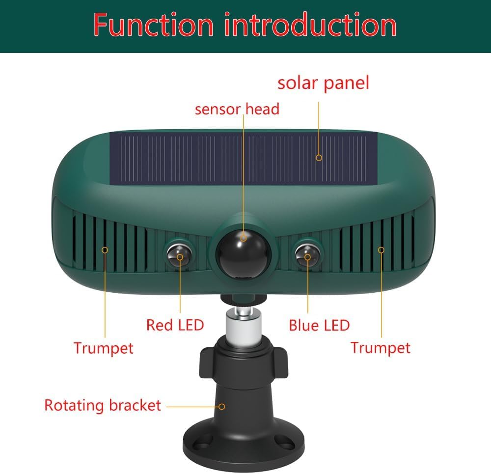 Sensor de movimiento de alarma solar exterior, 2 x 129 dB sirena de seguridad fuerte, 4 modos, luces de flash rojas y azules activadas por movimiento, los intrusos huyen rápidamente