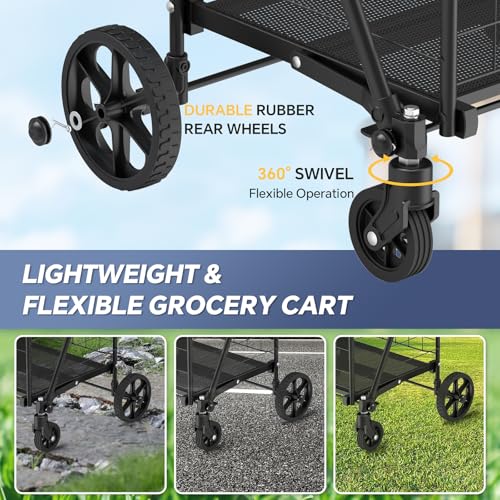 Folding Shopping Cart, Portable Heavy Duty Trolley with Swivel Wheels, Lightweight Double Basket Grocery Carts for Laundry, Luggage, Books, Space-Saving Design, with Black Waterproof Bag