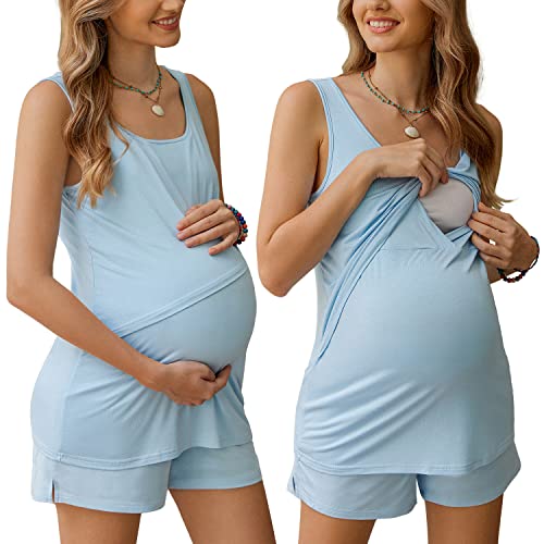 Ekouaer Women's Maternity Nursing Pajama Set Breastfeeding Sleepwear Set Double Layer Sleeveless Top & Shorts Pregnancy Pjs Light Blue M #TOP15