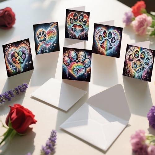 Image of 6 Pack Diamond Painting Greeting Cards with Envelopes, DIY 5D Diamond Art Card Kit Colorful Artistic Paw Designs, 30x15cm Handmade Rhinestone Cards Crafts for Pet Lovers and Creative Greetings