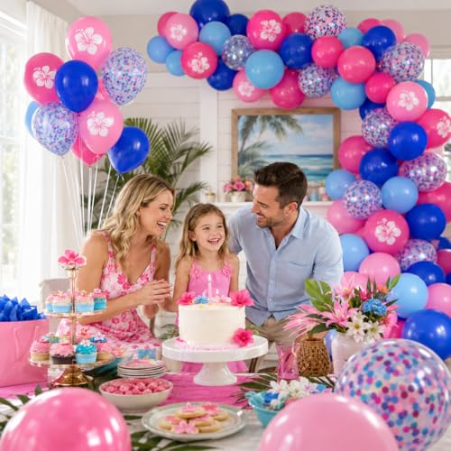 Image of Pink and Blue Balloons, 12 Inch Royal Blue Hot Pink Confetti Balloons for Girl Cartoon Birthday Pool Party Graduation Baby Shower Gender Reveal Supplies