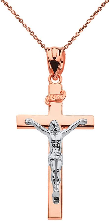 14k Two-Tone Rose Gold Catholic Jesus Christ on INRI Cross Crucifix Necklace Sizes (S-L)
