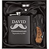 Engraved 7oz Stainless Steel Flask Funnel Rescue Knife Gift Box Set Mustache Custom Personalized