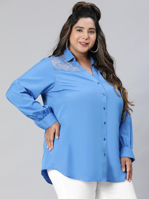 Image of oxolloxo Women Plus Size lace Detailed Collared Long Sleeve Shirt