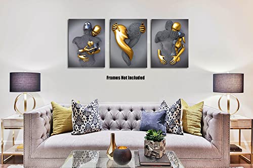 Bedroom Canvas Wall Art Decor,Black&Gold Romantic Kissing Embrace Couple Living Room Painting Poster,16”X20” Unframed Lovers Picture Set,3D Abstract Family Metal Sculpture Effect Picture For Home #TOP2