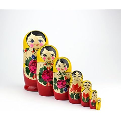 Heka Naturals Russische Matroschka-Puppen, 7 traditionelle Matroschkas Klassisch Semyonov Gelb | Babuschka Holzpuppe Geschenk Spielzeug, Handgefertigt in Russland | Semyonov Gelb, 7 Stück, 18 cm Cover