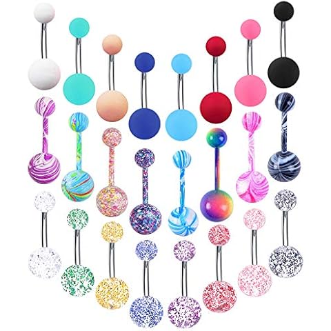 EVELICAL 24Pcs 14G Stainless Steel Belly Button Rings for Women Screw Navel Bars Body Piercing Jewelry Set Style 2 Cover