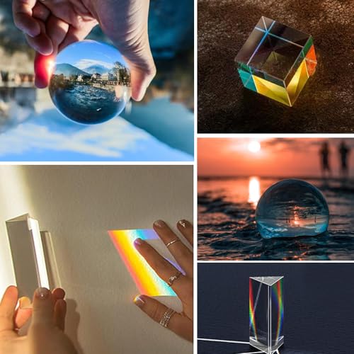 4 teiliges Kristall Fotografie Zubehör,Prisma Lichtbrechung,Prisma Kristall Set,Kristallkugel,Würfel,Dreieckig,Pyramide,Set K9 für den Unterricht von Wissenschaft, Physik, Spielen und Fotofotografie