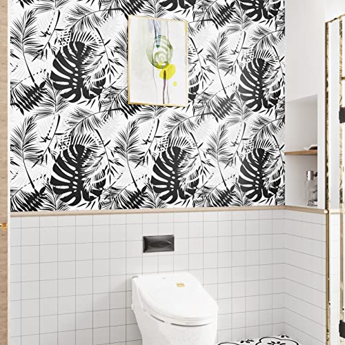 Wallercity Tropical Black Wallpaper Peel And Stick Botanical Leaf Black Leaves Wallpaper For Bedroom Modern Palm Leaf Peel And Stick Wallpaper 17.5" X78.7" Removable White Contact Paper For Cabinets #TOP3