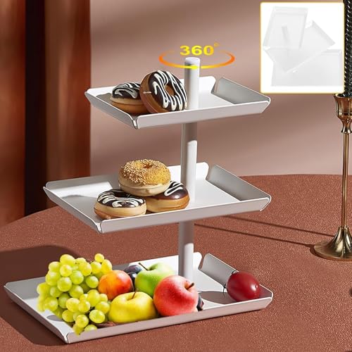 CHEERLINK Cestino per frutta con 3 ripiani, girevole a 360°, in metallo, colore nero, per dessert, torte, dolci, biscotti, frutta (bianco)